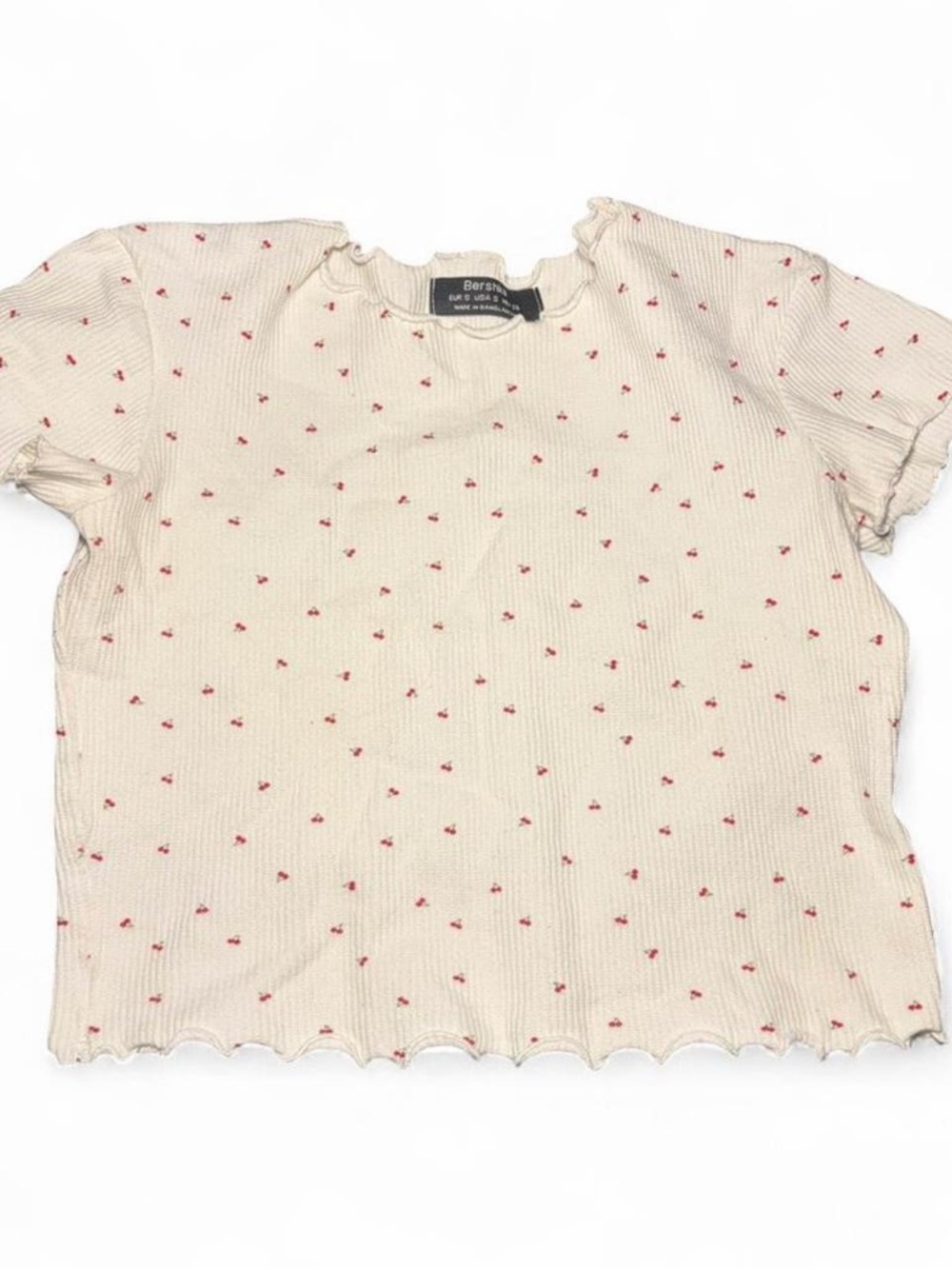 Bershka Y2K Cherry Print Lettuce Edge Baby Tee